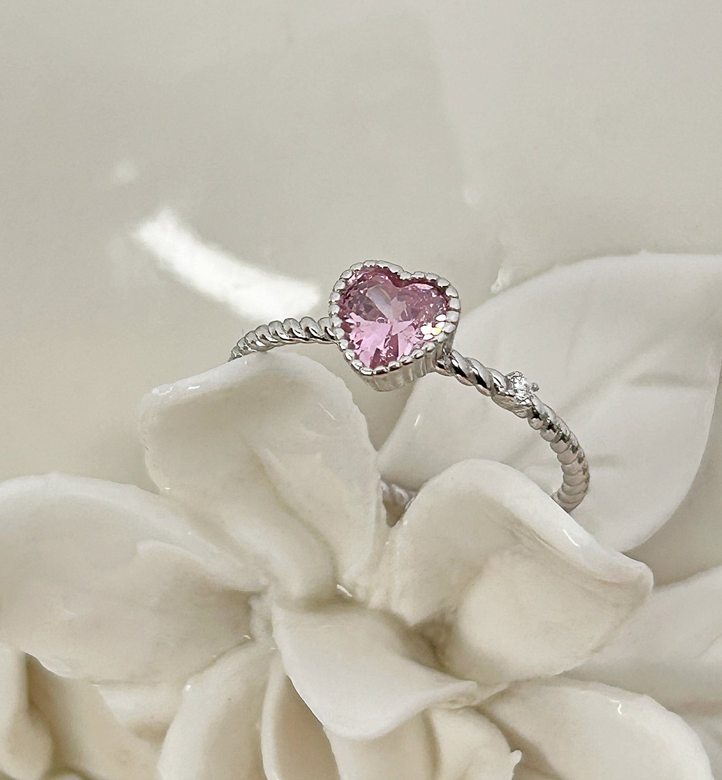 Anillo Corazon Rosa Plata