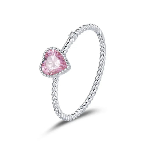 Anillo Corazon Rosa Plata