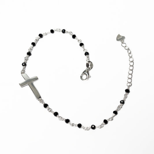 Pulsera Hombre Plata Cruz Cristales Negros